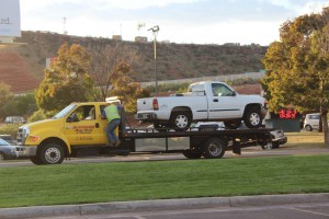 The white Chevy truck involved in the accident at the intersection of Red Cliffs Drive and 1680 East on Oct. 9, 2014 | Photo by Devan Chavez, St. George News 