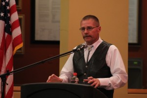 Sgt. Dave McIntyre speaks on the downfalls of moving to a private ambulance service in a debate for Iron County Sheriff at SUU on Oct. 23, 2014 | Photo by Devan Chavez, St. George News