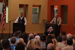 Sgt. Dave McIntyre (left) faces off against Sheriff Mark Gower (right) in a debate for Iron County Sheriff at SUU on Oct. 23, 2014 | Photo by Devan Chavez, St. George News