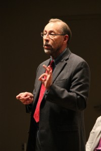 Michael Stathis (left), a professor of Political Science at SUU, speaks on the roll of the United States in the ISIS conflict at discussion at SUU on Oct. 28, 2014 | Photo by Devan Chavez, St. George News 