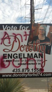 Vandalized campaign sign for Dorothy Engelman at 552 N Dixie Drive in St. George. Oct. 18, 2014. | Photo courtesy of Dorothy Engelman, St. George News