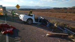 The remains of the Chevy Corvette after the crash that killed Colin D. Wiest, 32, of St. George, on state Route 7 just west of River Road, Utah, Oct. 25, 2014| Photo courtesy of Utah Highway Patrol, St. George News