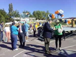 Mayor Joh Pike stands with Youth City Council Advisor Della Jones at the ribbon cutting and United Way Dixie Charity Ball Drop at SwitchPoint located at 948 N. 1300 W. in St. George, Utah, Oct. 24, 2014 | Photo by Aspen Stoddard, St. George News