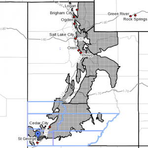 Dots denote affected areas at 4:10 p.m., Utah, Oct. 31, 2014 | Image courtesy of National Weather Service, St. George News 