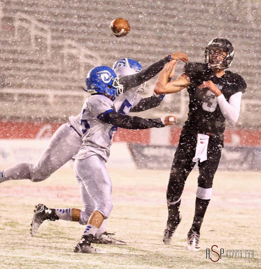 Kody Wilstead (3) has his passed deflected resulting in an interception for the Flyers, Pine View vs. Dixie, 2014 3AA Football Playoffs, Salt Lake City, Utah, Nov. 13, 2014 | Photo by Robert Hoppie, ASPpix.com, St. George News