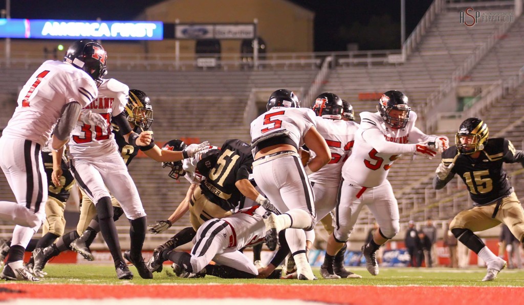 Jeremiah Ieremia (5), with a carry, Desert Hills vs. Hurricane, 2014 3AA Football Playoffs, Salt Lake City, Utah, Nov. 14, 2014 | Photo by Robert Hoppie, ASPpix.com, St. George News