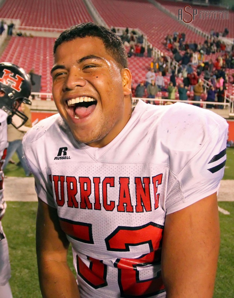 Charlie Sefita shows his excitement after beating Desert Hills, Desert Hills vs. Hurricane, 2014 3AA Football Playoffs, Salt Lake City, Utah, Nov. 14, 2014 | Photo by Robert Hoppie, ASPpix.com, St. George News