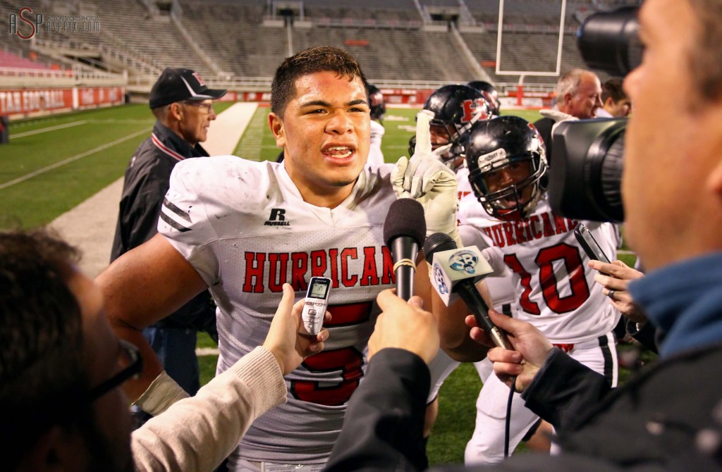 Tiger RB/LB Jeremiah Ieremia gets interviewed after the Tiger victory, Desert Hills vs. Hurricane, 2014 3AA Football Playoffs, Salt Lake City, Utah, Nov. 14, 2014 | Photo by Robert Hoppie, ASPpix.com, St. George News