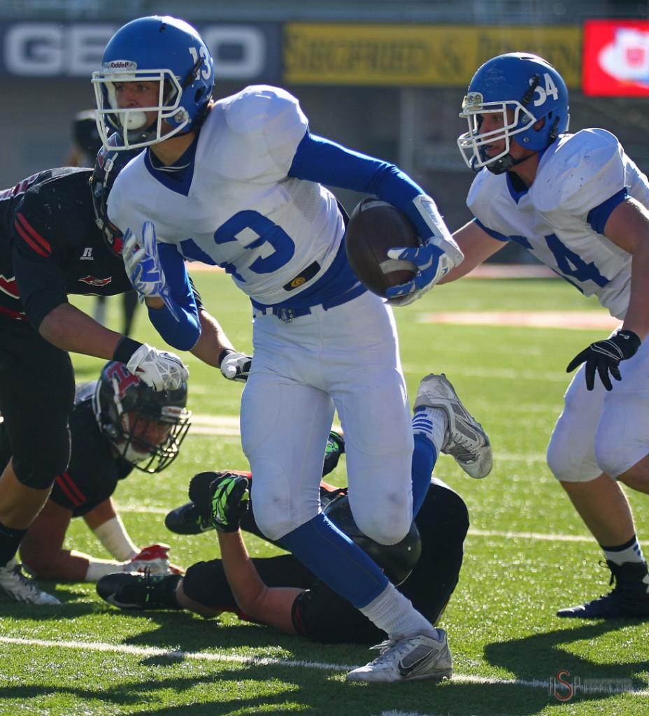 Dixie WR Bret Barben (13) finds some room to run after a catch, Dixie vs. Hurricane, 2014 3AA Football State Championship, Salt Lake City, Utah, Nov. 21, 2014 | Photo by Robert Hoppie, ASPpix.com, St. George News