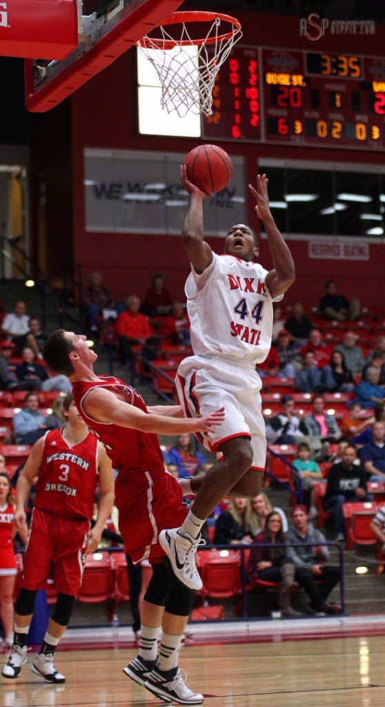 Red Storm G Trevor Hill (44) slashes to the hoop, Dixie State University vs. Western Oregon University, St. George, Utah, Nov. 25, 2014 | Photo by Robert Hoppie, ASPpix.com, St. George News