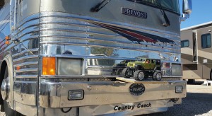 An RV carries a miniature Jeep up front, in addition to the trailered Jeep behind the motorhome. The RV is part of the FMCA 4-Wheelers club visiting St. George, Utah, Oct. 31, 2014 | Photo by Julie Applegate, St. George News.