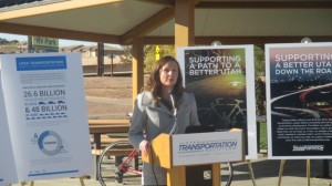 Abby Albrecht, of the Utah Transportation Coalition, speak to the crowd about the public awareness campaign, St. George, Utah, Nov. 18, 2014 | Photo by Mori Kessler, St. George News