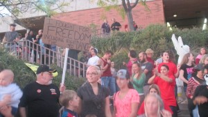 A veteran among the protesters carries a sign saying he fought for freedom, including the freedom to dance, St. George, Utah, Nov. 6, 2014 | Photo by Mori Kessler, St. George News