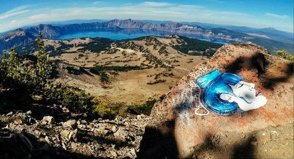 Casey Nocket leaves an image of a woman's face at Crater Lake National Park, Oregon, circa 2014 | Photo courtesy of the Modern Hiker, St. George News