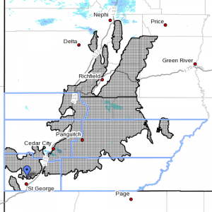 Winter weather advisory. Dots denote affected areas in Utah as of Nov. 15, 2014, 9:15 a.m. | Image courtesy of National Weather Service, St. George News | Click on image to enlarge