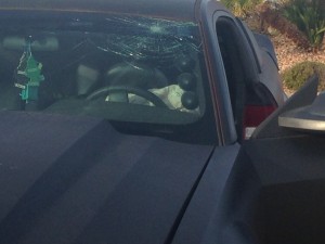 A Ford Mustang sustains windshield damage after its involvement in a collision on River Road, St. George, Utah, Dec. 8, 2014 | Photo by Holly Coombs, St. George News