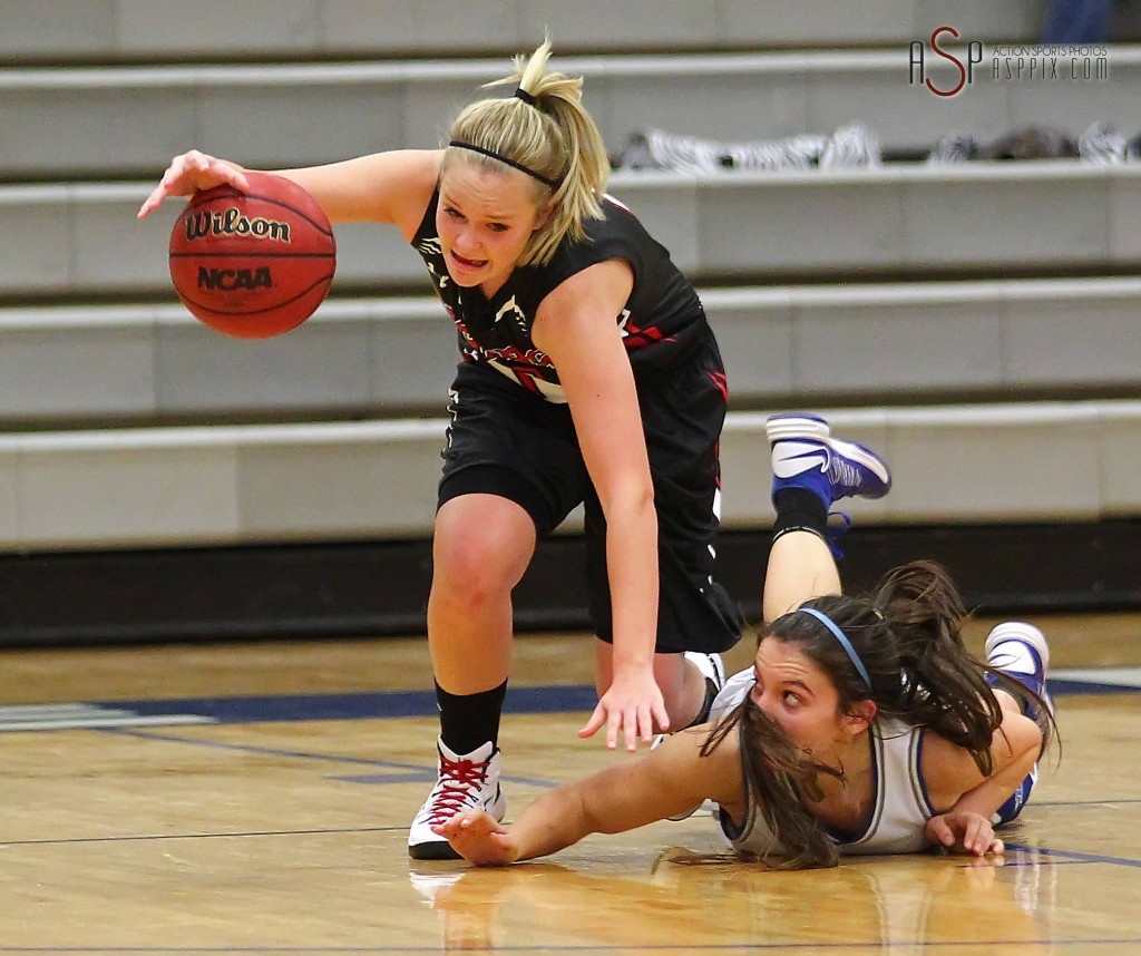 Tiger G London Steglich fights for a tough rebound against Dixie's Taylor Whitson, Dixie vs. Hurricane, Girls Basketball, St. George, Utah, Dec. 9, 2014 | Photo by Robert Hoppie, ASPpix.com, St. George NewsDixie vs. Hurricane, Girls Basketball, St. George, Utah, Dec. 9, 2014 | Photo by Robert Hoppie, ASPpix.com, St. George News