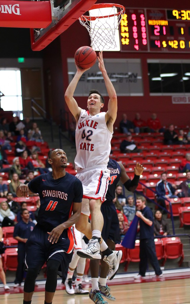 Zach Robbins (42) with a lay up, Dixie State University vs. Fresno Pacific University, Mens Basketball, St. George, Utah, Dec. 13, 2014 | Photo by Robert Hoppie, ASPpix.com, St. George News