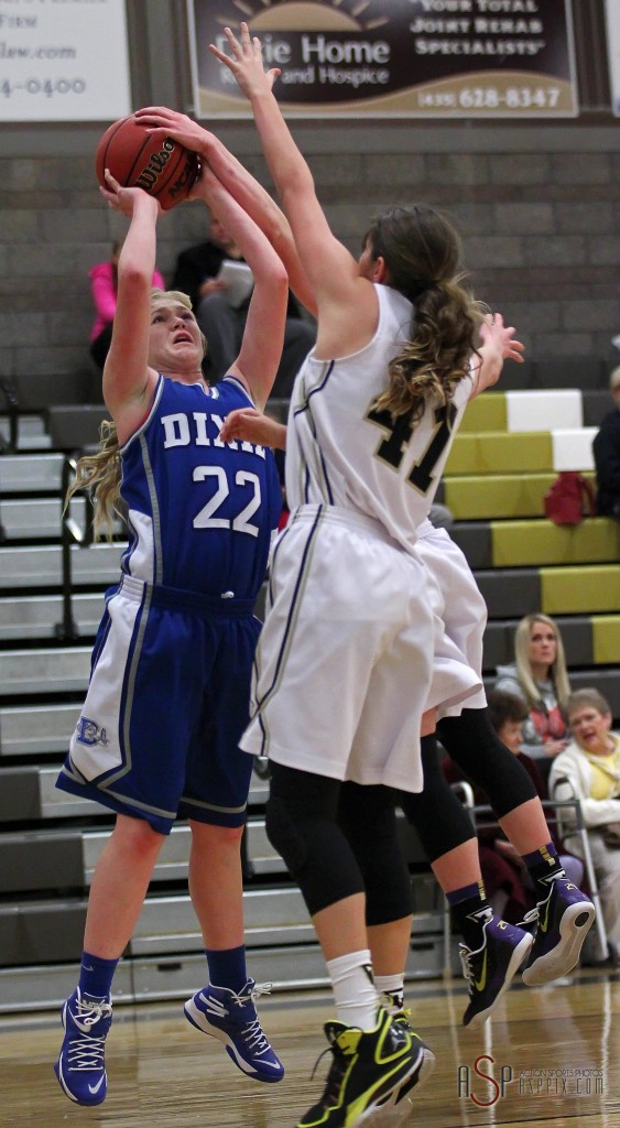 Alexa Estridge (22) puts up a shot against Taylor Salisbury (41), Desert Hills vs.Dixie, Girls Basketball, St. George, Utah, Dec. 16, 2014 | Photo by Robert Hoppie, ASPpix.com, St. George News