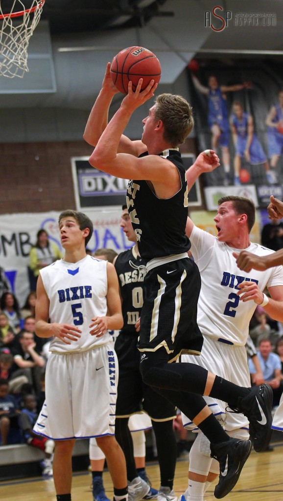 Quincy Mathews with a shot, Desert Hills vs. Dixie, Boys Basketball, St. George, Utah, Dec. 17, 2014 | Photo by Robert Hoppie, ASPpix.com, St. George 