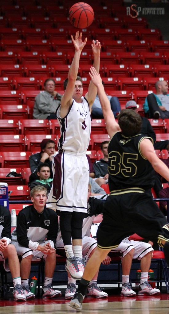 Kendrick Spencer puts up a 3-point attempt, Pine View vs. Maple Mountain, Boys Basketball, St. George, Utah, Dec. 18, 2014 | Photo by Robert Hoppie, ASPpix.com, St. George News