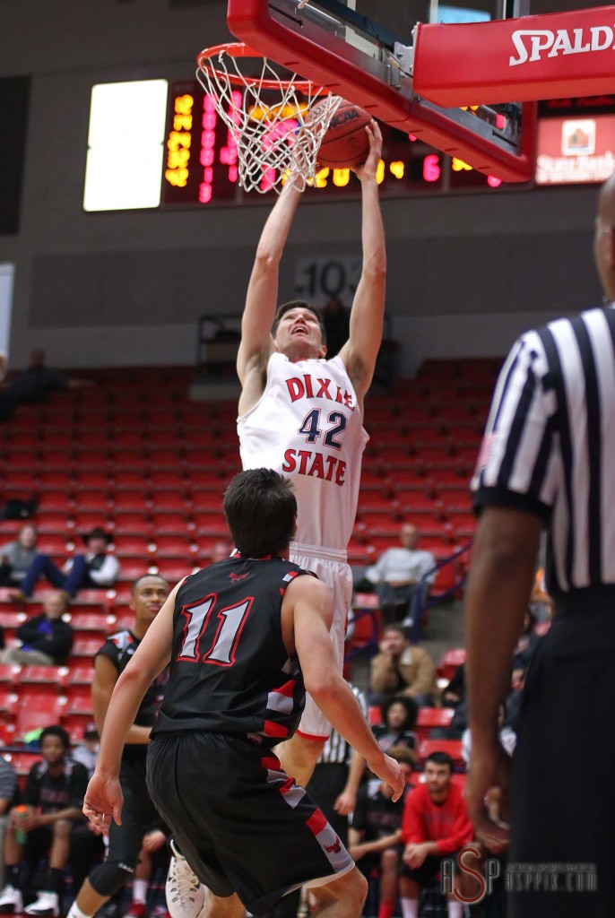Zach Robbins (42) with a dunk for the Red Storm, Dixie State University vs. Holy Names University Mens Basketball, St. George, Utah, Dec. 20, 2014 | Photo by Robert Hoppie, ASPpix.com, St. George News
