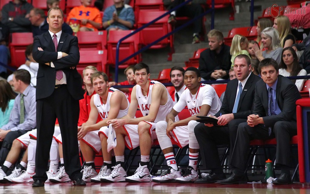 Red Storm Head Coach Jon Judkins stands in front of the Dixie State bench, Dixie State University vs. Holy Names University Mens Basketball, St. George, Utah, Dec. 20, 2014 | Photo by Robert Hoppie, ASPpix.com, St. George News