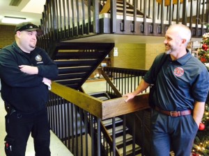 Wade Patten (left), program director for Classic Lifeguard,  talks to EMS Operations Sergeant, Ty March (left),  about the quality of different medical equipment, Parowan, Utah, Dec. 8, 2014 | Photo by Devan Chavez, St. George News