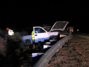 A California driver launched a company truck across the southbound median and was caught by a guardrail  before it could enter northbound traffic on I-15 Wednesday night | Photo courtesy of Carin Miller, St. George News