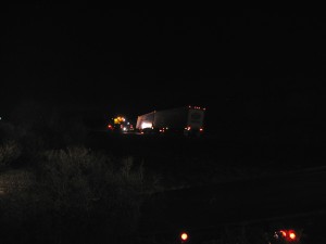 A Good Samaritan who pulled over to help had to have a tow truck come help realign his truck to the road so he could drive after forgetting to lock his air brake | Photo courtesy of Carin Miller, St. George News  