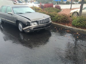 Damage to the front bumper of the Cadillac involved in the accident on Green Springs Drive, St. George, Utah 