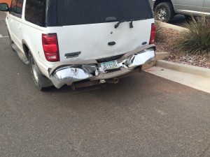 Damage to a Ford Explorer involved in an accident on Bluff Street, St. George, Utah, Dec. 31, 2014 | Photo by Brett Brostrom, St. George News