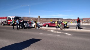 Two-car accident over the Dixie Drive Overpass at I-15 Exit 5, St. George, Utah, Dec. 27, 2014 | Photo by Mori Kessler, St. George News