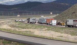 Standoff incident at mile post 95 on Interstate 15, just past the Hwy 20 junction. NB traffic backs up from the incident. MP 95 is between Parowan and Beaver, Utah, April 27, 2014 | Photo by Corey McNeil, St. George News