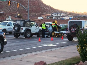 Emergency responders working the scene of an accident at the intersection of River Road and Ft. Pierce Drive, St. George, Utah, Jan. 14, 2014 | Photo courtesy of Michael Schoppe, St. George News