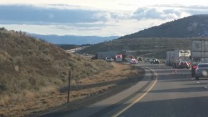 Traffic in the southbound lanes of I-15 from milepost 124 was redirected to the emergency lane for a few hours following a collision between a UPS semi truck and a dump truck, near Beaver, Utah, Jan. 28, 2015 | Photo courtesy of Jim and Kelly McCune, St. George News