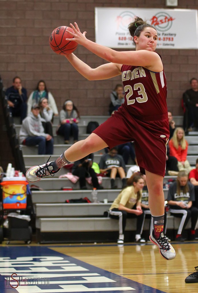 Courtney Morley (23) saves a ball for the Lady Reds, Cedar vs. Dixie, Girls Basketball,  St. George, Utah, Jan. 13, 2015 | Photo by Robert Hoppie, ASPpix.com, St. George News