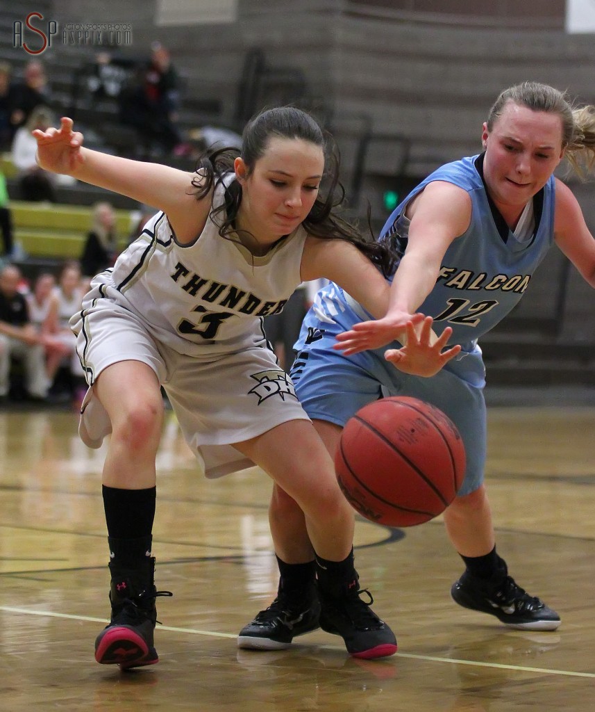 Thunder G Rylee Jensen (3) and Falcon G Shontae Clark (12) reach for a loose ball, Canyon View vs. Desert Hills, Girls Basketball,  St. George, Utah, Jan. 15, 2015 | Photo by Robert Hoppie, ASPpix.com, St. George News