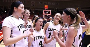 Haley Bodnar (far left) celebrates with her Desert Hills teammates after their 3A State Championship, Cedar City, Utah, Mar. 1, 2014 | Photo by Robert Hoppie, St. George News