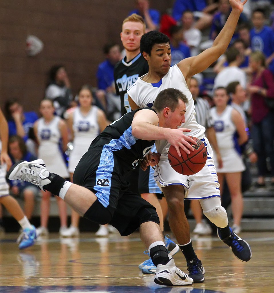 Falcon F Keaton Kringlen looks for some room to dribble against Malachi Otis, Canyon View vs. Dixie, Boys Basketball,  St. George, Utah, Jan. 21, 2015 | Photo by Robert Hoppie, ASPpix.com, St. George News