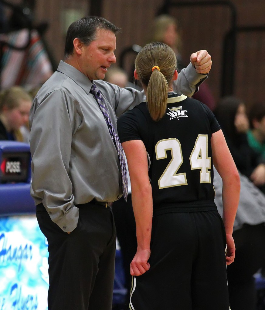 Thunder Interim Head Coach Ron Denos discusses strategy with Ashley Beckstrand (24), Desert Hills vs. Dixie, Girls Basketball, St. George, Utah, Jan. 27, 2015 | Photo by Robert Hoppie, ASPpix.com, St. George News