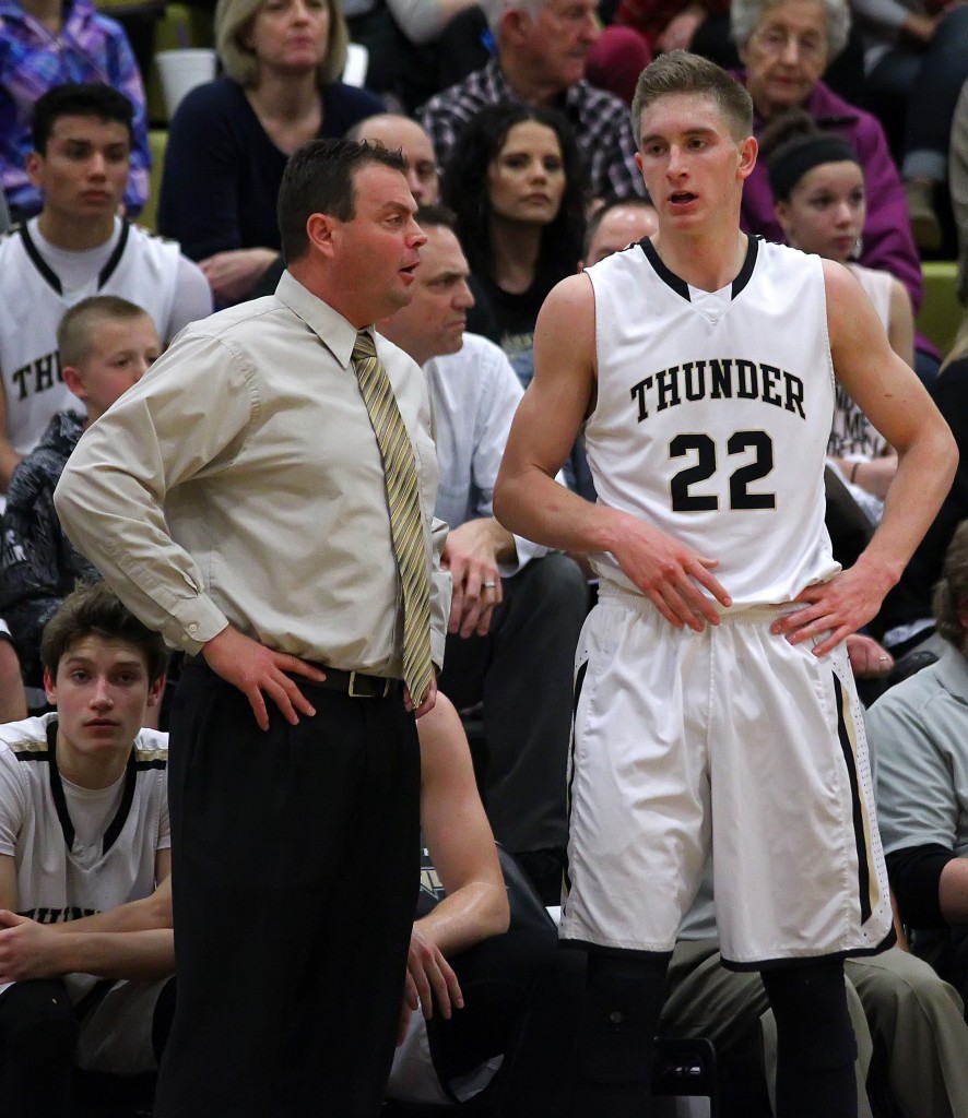 Quincy Mathews (23) and Head Coach Wade Turley, Dixie vs. Desert Hills, Boys Basketball, St. George, Utah, Jan. 28, 2015 | Photo by Robert Hoppie, ASPpix.com, St. George News