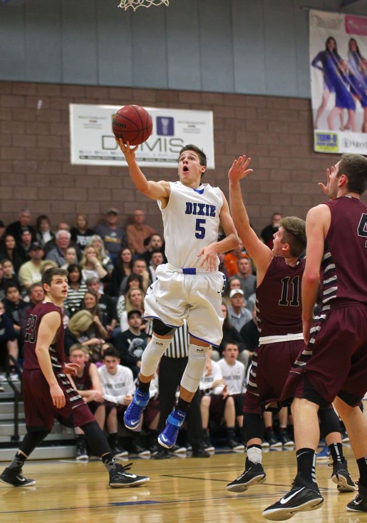 Tyler Bennett (5) floats to the hoop for the Flyers, Pine View vs. Dixie, Boys Basketball, St. George, Utah, Jan. 30, 2015 | Photo by Robert Hoppie, ASPpix.com, St. George News