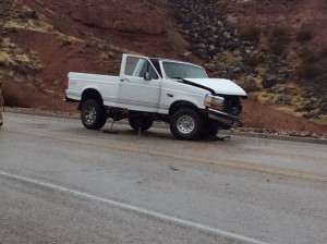 A white pickup truck was swiped by a semi truck trailer on Foremaster Drive, St. George, Utah, Jan, 30, 2015 | Photo by Holly Coombs, St. George News