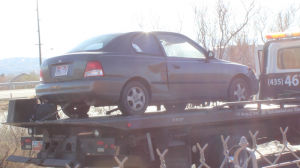 The wreckage of the Hyundai Accent involved in a accident on Red Hills Parkway, St. George, Utah, Jan. 6, 2015 | Photo by Devan Chavez, St. George News