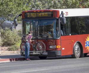 Biker putting their bike on the front of a SunTran bus, St. George, Utah, undated | Image courtesy of Dixie Regional Travel Expo, St. George News