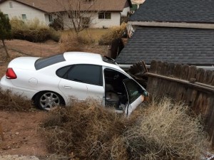 The car driven by a man in his mid-70s after it crashed into a shed on South Dixie Drive, St. George, Utah, Jan. 20, 2015 | Photo courtesy of Melissa Anderson, St. George News