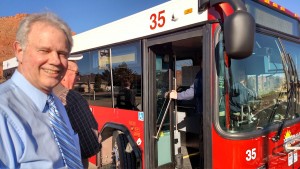 Ivins City Mayor Chris Hart about the get on the bus for a tour of the newly established Suntran Ivins bus route, Ivins, Utah, Jan. 21, 2015 | Photo by Mori Kessler, St. George News