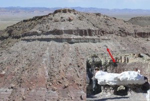 Cropped image shows the size of the sandstone rock in comparison to the around 800 foot mesa, Utah, date unspecified | Photo courtesy of James Kirkland, St. George News