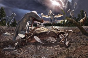 Artistic interpretation of the Utahraptor and  iguanodont by Julius Csotonyi | Image courtesy of James Kirkland, St. George News